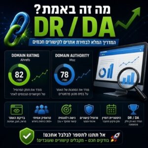 גרפיקה שמסבירה מה זה DR ו-DA בעולם ה-SEO, עם המחשה של Domain Rating, Domain Authority, קישורים חיצוניים, טראפיק, ואיכות אתר.