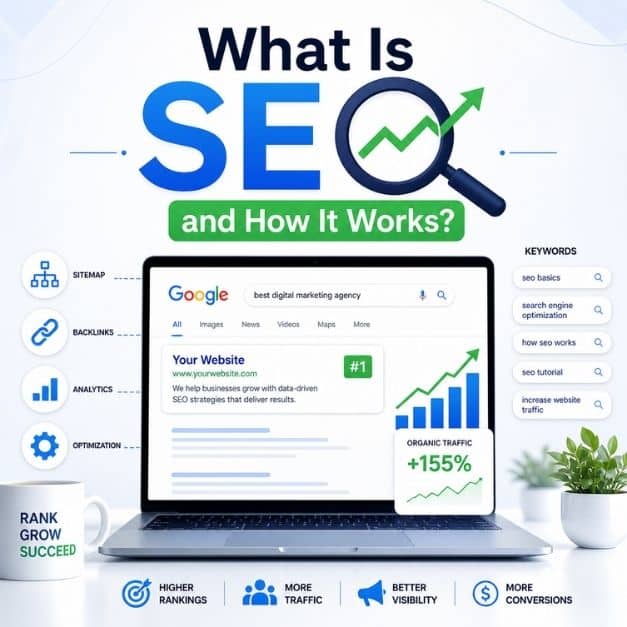 Graphic explaining what is SEO and how it works, showing a laptop with a number one Google search ranking, organic traffic growth chart, and key elements like keywords, backlinks, and analytics.