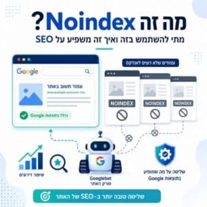 מה זה Noindex ואיך הוא משפיע על SEO, עם המחשה של דפים שנכנסים לאינדקס גוגל לעומת דפים שחסומים לאינדוקס.