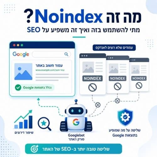 מה זה Noindex ואיך הוא משפיע על SEO, עם המחשה של דפים שנכנסים לאינדקס גוגל לעומת דפים שחסומים לאינדוקס.