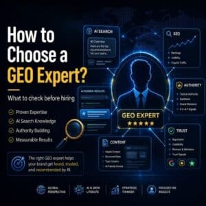 A professional digital marketing graphic explaining how to choose a GEO expert, with AI Search, SEO, Authority, Content and Trust elements around a GEO Expert figure.