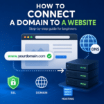 Illustration showing how to connect a domain to a website using DNS, hosting and SSL settings.