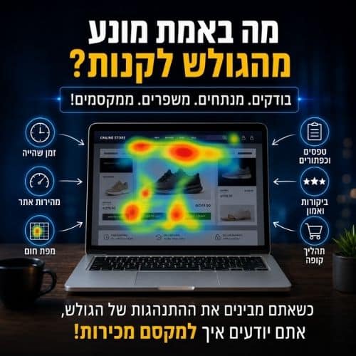 גרפיקה שמציגה ניתוח מפת חום באתר חנות אינטרנט, עם בדיקה של זמן שהייה, מהירות אתר, טפסים, כפתורים, ביקורות ותהליך קופה.