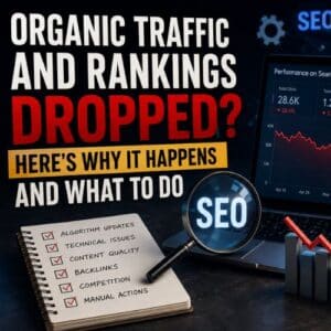 Organic traffic and Google rankings drop illustration showing declining SEO performance, Google rankings, algorithm updates, technical issues and backlinks.