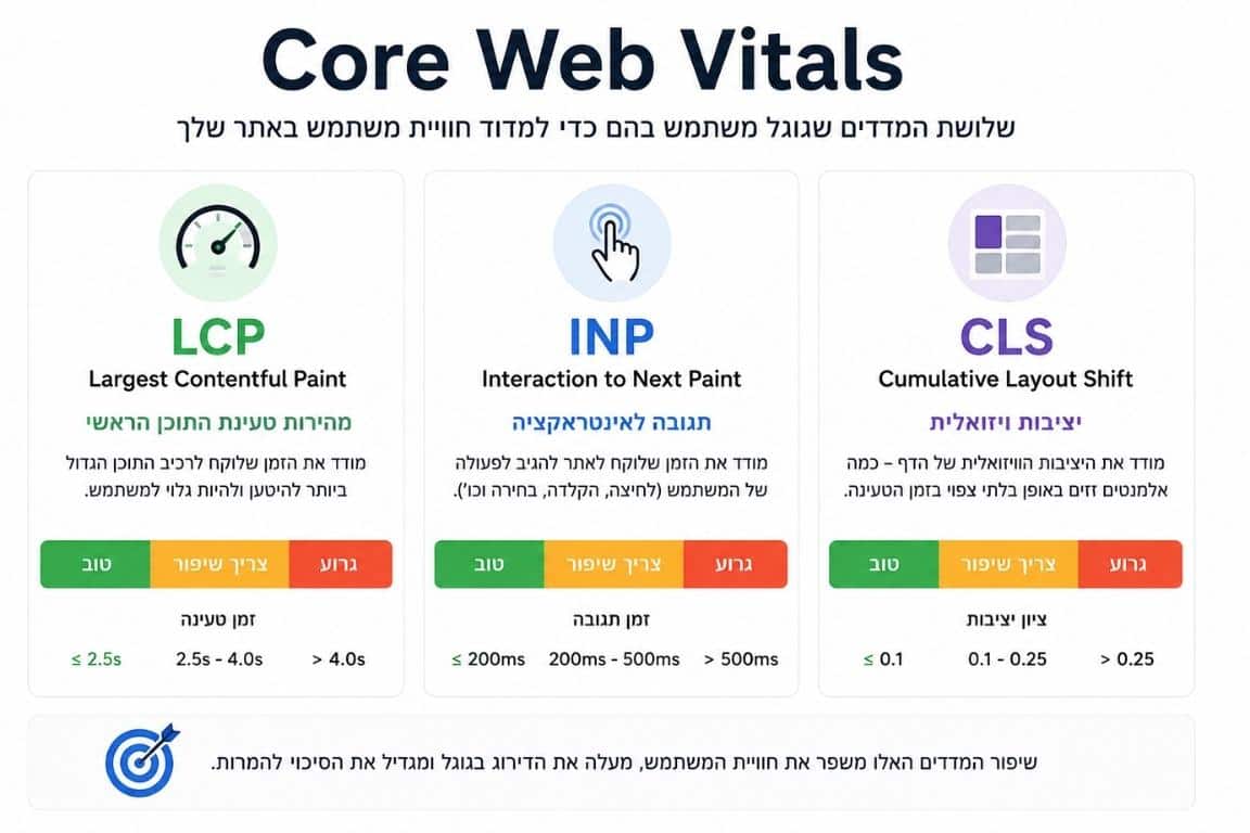 שלושת מדדי Core Web Vitals — LCP, INP ו‑CLS והספים שלהם